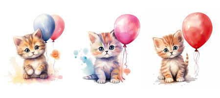 funny cute kitty with air balloon watercolor ai generated. kitten character, happy design, print card funny cute kitty with air balloon watercolor illustrationの素材