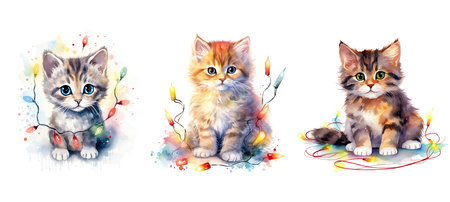cat cute kitty in christmas lights watercolor ai generated. animal baby, funny kitten, character happy cat cute kitty in christmas lights watercolor illustrationの素材