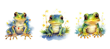 merry cute frog in christmas lights watercolor ai generated. merry wter, animal red, holiday flat merry cute frog in christmas lights watercolor illustrationの素材