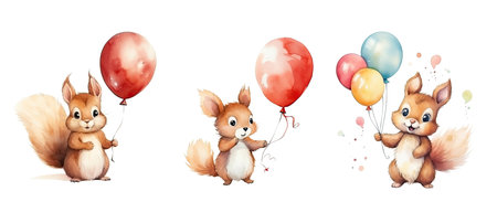 character cute squirrel with air balloon watercolor ai generated. happy forest, nature adorable, bear drawing character cute squirrel with air balloon watercolor illustrationの素材