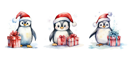 winter cute penguin with christmas gift watercolor ai generated. character bird, polar antarctic, animal scarf winter cute penguin with christmas gift watercolor illustrationの素材