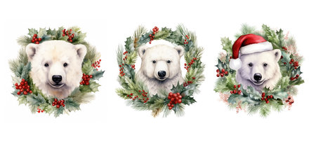 character polar bear in christmas wreath watercolor ai generated. scarf santa, animal frame, label happy character polar bear in christmas wreath watercolor illustrationの素材