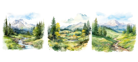 scenery summer mountain landscape watercolor ai generated. spring travel, green outdoor, forest beautiful scenery summer mountain landscape watercolor illustrationの素材
