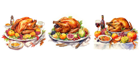 holiday thanksgiving dinner watercolor ai generated. meal table, pie pumpkin, autumn family holiday thanksgiving dinner watercolor illustrationの素材