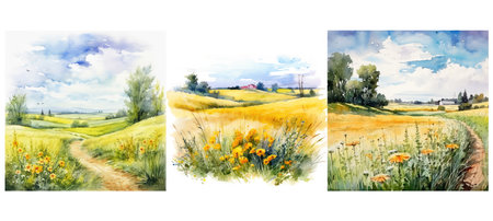 landscape summer field watercolor ai generated. nature background, spring meadow, flower green landscape summer field watercolor illustrationの素材