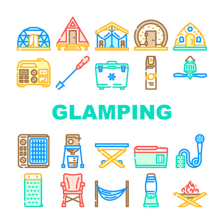 glamping tent nature luxury tipi icons set vectorのイラスト素材
