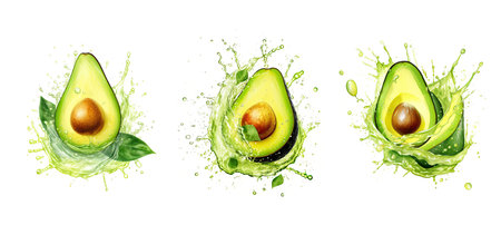 refreshment avocado cut splash juice ai generated. healthy fresh, organic drink, thirst-quenching vitamin-rich refreshment avocado cut splash juice illustration watercolorの素材