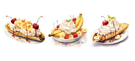 dessert banana split ai generated. ice cream, sweet sundae, delicious fruit dessert banana split illustration watercolorの素材
