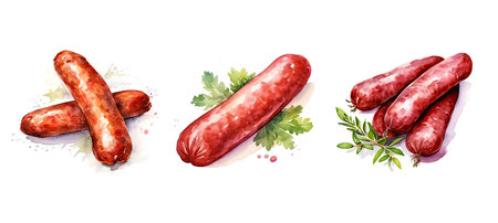 meat beef sausage ai generated. savory grilled, smoked cooked, culinary delicious meat beef sausage illustration watercolorの素材