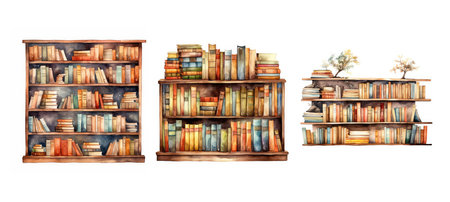 reading bookshelf with books ai generated. book literature, bookcase display, arrangement book reading bookshelf with books illustration watercolorの素材