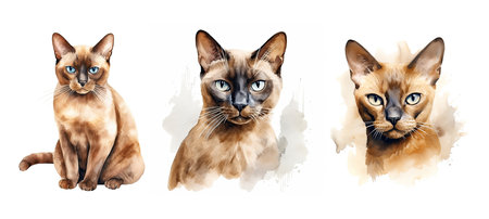 domestied burmese cat ai generated. affectionate playful, pet breed, kitten traits domestied burmese cat illustration watercolorの素材