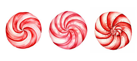 sweet candy cane swirl ai generated. holiday, festive red and treat confectionery sweet candy cane swirl illustration watercolorの素材