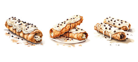 sweet cannoli ai generated. italian cream-filled, crunchy shell, indulgence delicious sweet cannoli illustration watercolorの素材