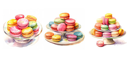 sweet colorful macarons plate ai generated. treat pastry, macaron macaron, dessert display sweet colorful macarons plate illustration watercolorの素材