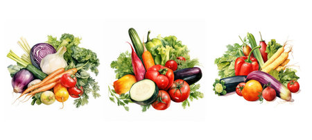 green fresh organic vegetables ai generated. health person, basket icon, sustainable delivery green fresh organic vegetables illustration watercolorの素材