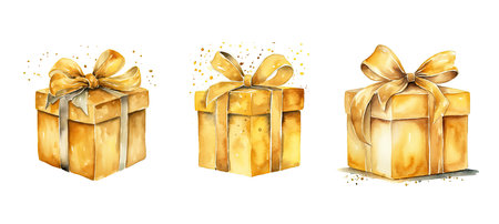 decor gold gift box ai generated. special surprise, joy luxury, giving thoughtful decor gold gift box illustration watercolorの素材