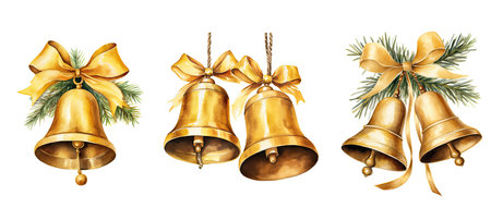 bell golden jingle bells ai generated. sound decor, bell ringing, holiday atmosphere bell golden jingle bells illustration watercolorの素材