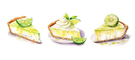 citrus key lime pie slice ai generated. pastry graham, creamy indulgence, treat tangy citrus key lime pie slice illustration watercolorの素材