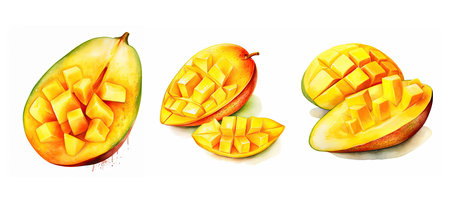 culinary mango slice cut ai generated. tropical pieces, cooking ingredient, tropical fruit culinary mango slice cut illustration watercolorの素材