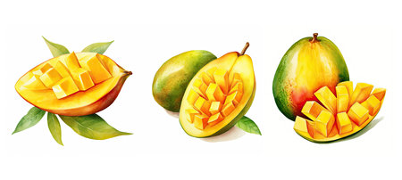sweet mango cut ai generated. flesh exotic, orange edible, fruit tropical sweet mango cut illustration watercolorの素材