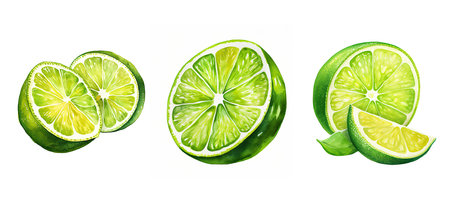 slice lime cut ai generated. tangy sour, flavor tang, juicy vitamin slice lime cut illustration watercolorの素材