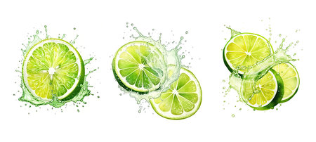 drink lime cut splash juice ai generated. thirst-quenching vitamin-rich, hydration liquid, splatter citrus drink lime cut splash juice illustration watercolorの素材