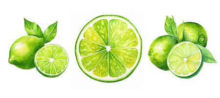 fruit lime ai generated. citrus green, tangy lime, culinary cooking fruit lime illustration watercolorの素材