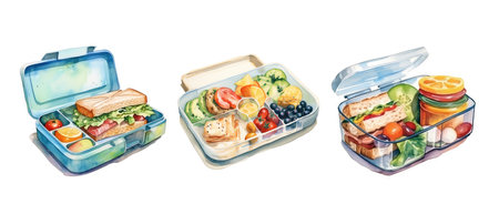 food lunch box plastic ai generated. portable time, school storage, packed fresh food lunch box plastic illustration watercolorの素材