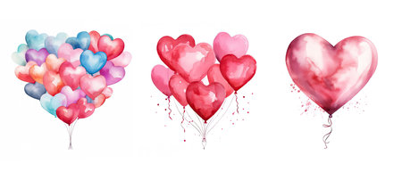 celebration love heart balloon ai generated. red helium, gift emotion, relationship valentine celebration love heart balloon illustration watercolorの素材