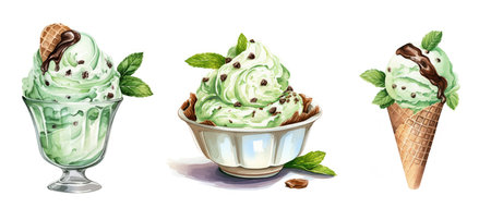 dessert mint chocolate chip ice cream ai generated. sweet treat, flavor variety, dessert creation dessert mint chocolate chip ice cream illustration watercolorの素材