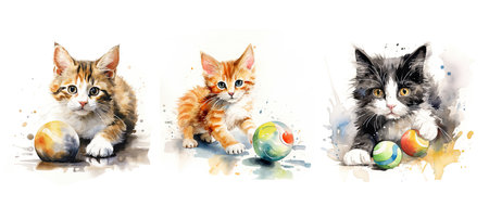 toy playful cat and ball ai generated. kitten curiosity, adorable companion, whiskers fur toy playful cat and ball illustration watercolorの素材