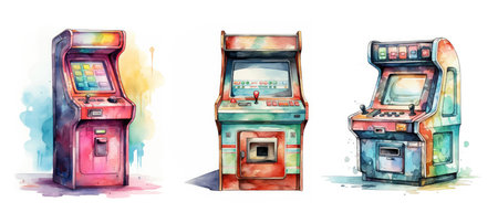 entertainment retro arcade game machine ai generated. nostalgia fun, buttons gaming, vintage entertainment entertainment retro arcade game machine illustration watercolorの素材