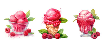 splash raspberry sorbet ai generated. juice refreshment, drink thirst-quenching, vitamin-rich natural splash raspberry sorbet illustration watercolorの素材