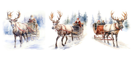 festive reindeer sleigh ride ai generated. decoration and, holiday festive, atmosphere decorative festive reindeer sleigh ride illustration watercolorの素材