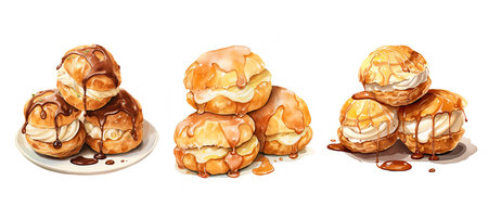 dessert profiteroles ai generated. sweet treat, cream-filled pastries, indulgence pastry dessert profiteroles illustration watercolorの素材