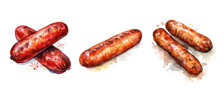 barbecue grilled sausage ai generated. beef meat, dinner meal, bbq cooked barbecue roasted sausage illustration watercolorの素材