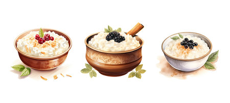 sweet rice pudding bowl ai generated. creamy milk, comfort treat, indulgence dessert sweet rice pudding bowl illustration watercolorの素材