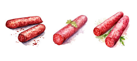 flavorful salami sausage ai generated. cold culinary, meaty flavor, delicacy meat flavorful salami sausage illustration watercolorの素材