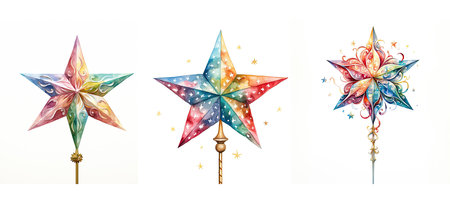 festive star tree topper ai generated. decoration holiday, decor crown, ornament shining star tree topper illustration watercolorの素材