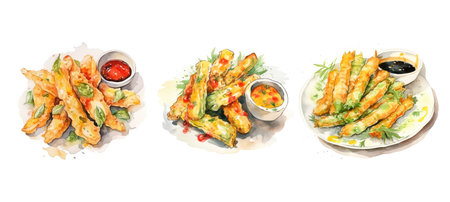 fried tempura vegetables ai generated. crispy appetizer, japanese cuisine, vegetable dipping fried tempura vegetables illustration watercolorの素材