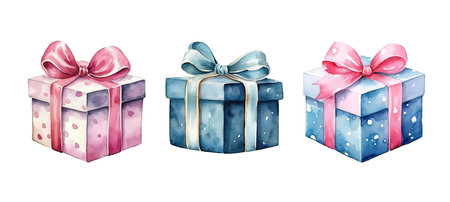 packaging square gift box ai generated. wrapping ribbon, surprise occasion, birthday holiday packaging square gift box illustration watercolorの素材