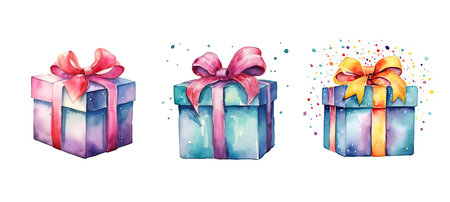 surprise gift box ai generated. giving joyful, moment present, wrapped excitement festive surprise gift box illustration watercolorの素材