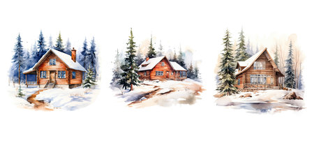 winter snowy cabin house ai generated. snowfall seasonal, cold cozy, rustic snow winter snowy cabin house illustration watercolorの素材