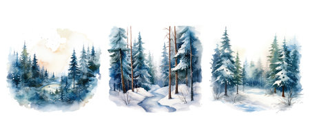 landscape snowy forest scene ai generated. winter winter, wonderland snow, covered trees landscape snowy forest scene illustration watercolorの素材