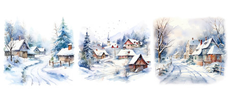 winter snowy village scene ai generated. town view, snow covered, covered in winter snowy village scene illustration watercolorの素材
