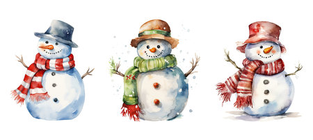 background snowman scarf ai generated. holiday happy, fun card, design character background snowman with scarf illustration watercolorの素材