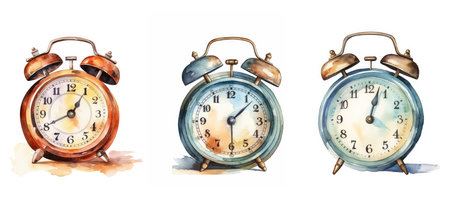 classic vintage alarm clock ai generated. timepiece old, world retro, timekeeping style classic vintage alarm clock illustration watercolorの素材