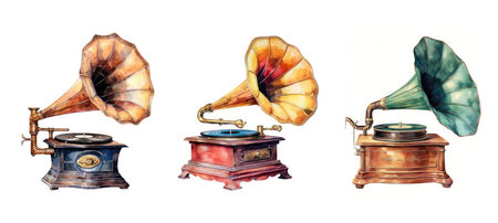 old vintage gramophone player ai generated. world audio, sound antique, record design old vintage gramophone player illustration watercolorの素材
