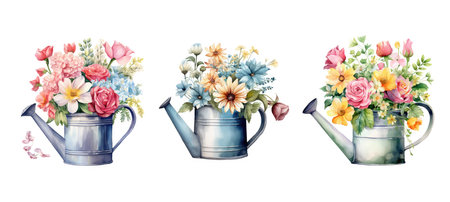 water watering can and blooms ai generated. plant gardening, tool garden, maintenance plants water watering can and blooms illustration watercolorの素材