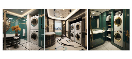 aesthetics art deco laundry room interior design ai generated. vintage sophistication, furniture colors, patterns machines aesthetics art deco laundry room interior design illustrationの素材